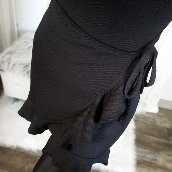 Fall Black Ribbed Knit Ruffle Dress Wrap Tunic Top Women’s Tops Clothes - Picture 8 of 10